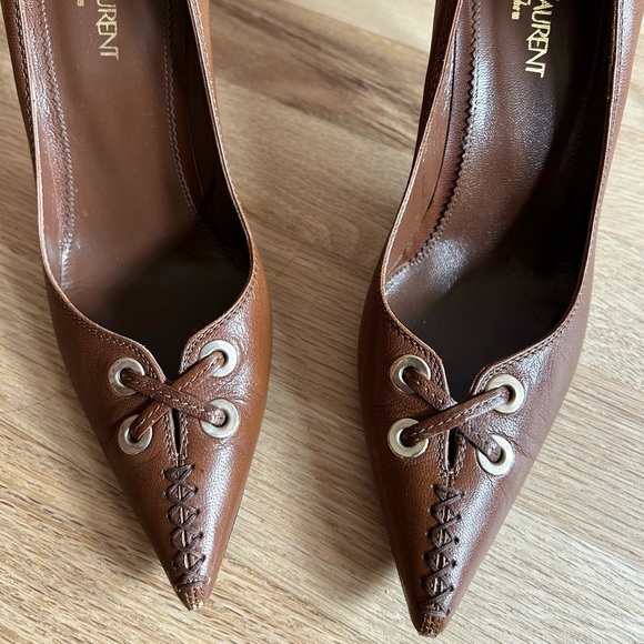 YVES SAINT LAURENT vintage leather cross-stitch studded heels Y2K size 37 - Picture 13 of 13